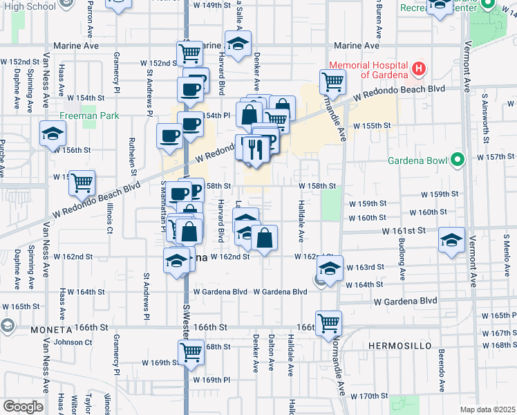 map of restaurants, bars, coffee shops, grocery stores, and more near 15829 Denker Avenue in Gardena