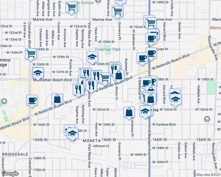 map of restaurants, bars, coffee shops, grocery stores, and more near 2072 West Redondo Beach Boulevard in Torrance
