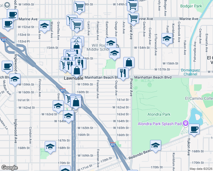 map of restaurants, bars, coffee shops, grocery stores, and more near 4117 159th Street in Lawndale