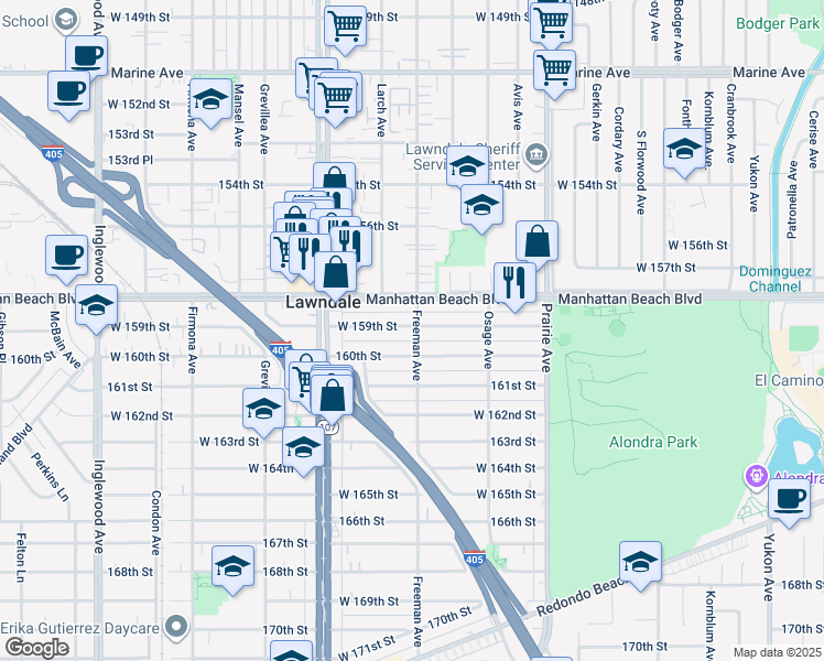 map of restaurants, bars, coffee shops, grocery stores, and more near 4169 159th Street in Lawndale