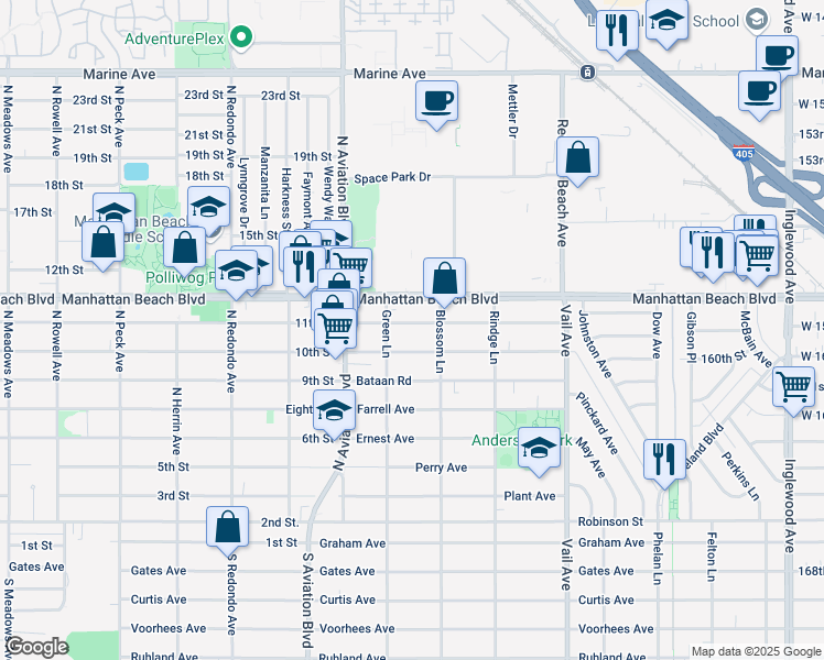 map of restaurants, bars, coffee shops, grocery stores, and more near 2016 Warfield Avenue in Redondo Beach