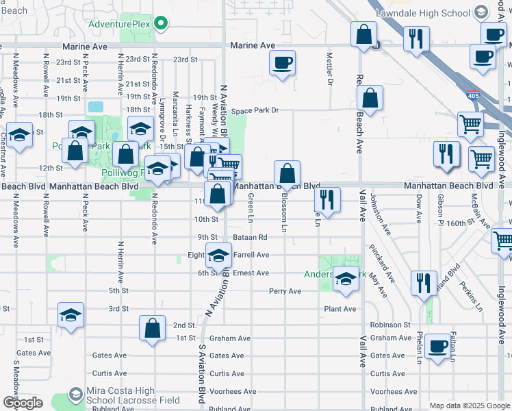 map of restaurants, bars, coffee shops, grocery stores, and more near 2000 Warfield Avenue in Redondo Beach