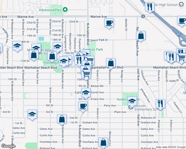 map of restaurants, bars, coffee shops, grocery stores, and more near 1061 North Aviation Boulevard in Redondo Beach