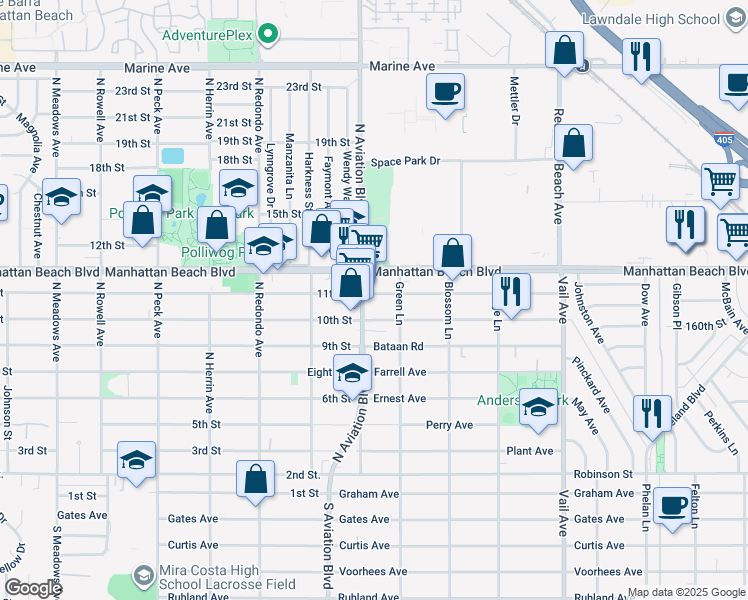 map of restaurants, bars, coffee shops, grocery stores, and more near 1061 North Aviation Boulevard in Redondo Beach