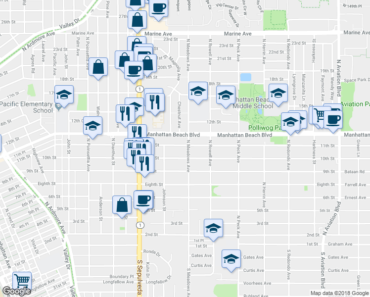 map of restaurants, bars, coffee shops, grocery stores, and more near 1250 11th Street in Manhattan Beach