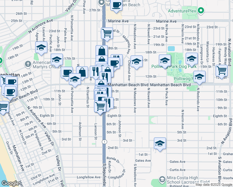 map of restaurants, bars, coffee shops, grocery stores, and more near 1160 11th Street in Manhattan Beach