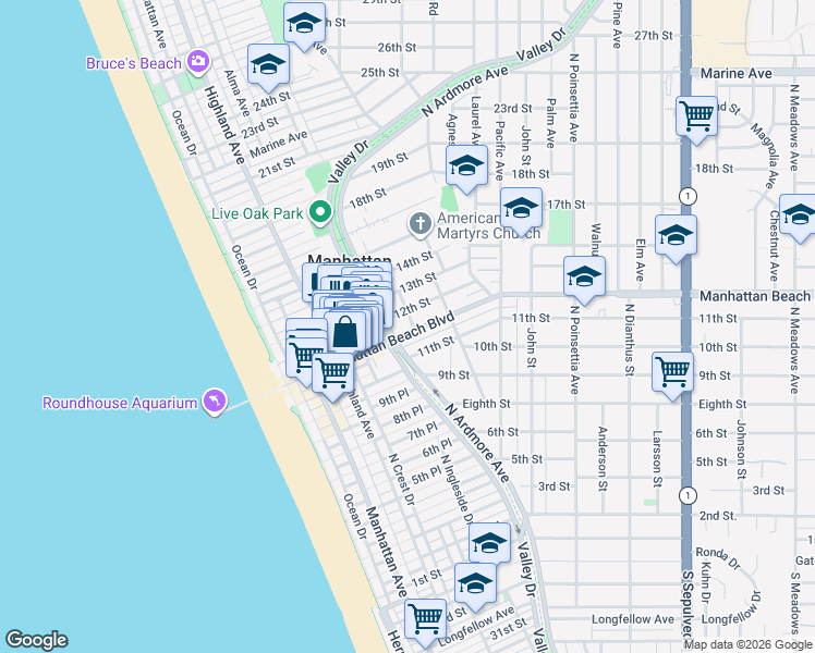 map of restaurants, bars, coffee shops, grocery stores, and more near in Manhattan Beach
