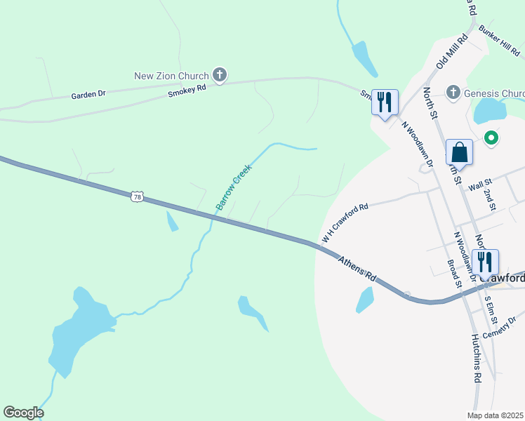 map of restaurants, bars, coffee shops, grocery stores, and more near 24 Lauri Lane in Crawford