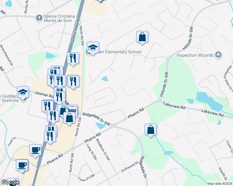map of restaurants, bars, coffee shops, grocery stores, and more near 1875 Woodberry Run Drive in Snellville