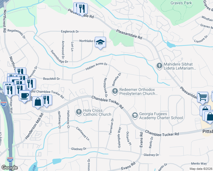 map of restaurants, bars, coffee shops, grocery stores, and more near 3738 Wintercrest Court in Doraville