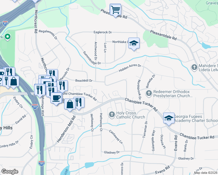 map of restaurants, bars, coffee shops, grocery stores, and more near 3408 Hidden Acres Drive in Doraville
