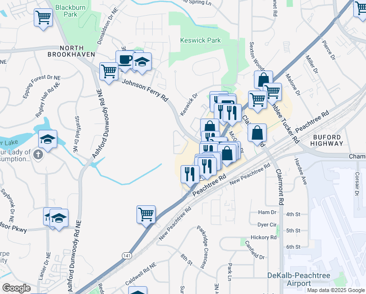 map of restaurants, bars, coffee shops, grocery stores, and more near 2447 Gatebury Circle in Chamblee