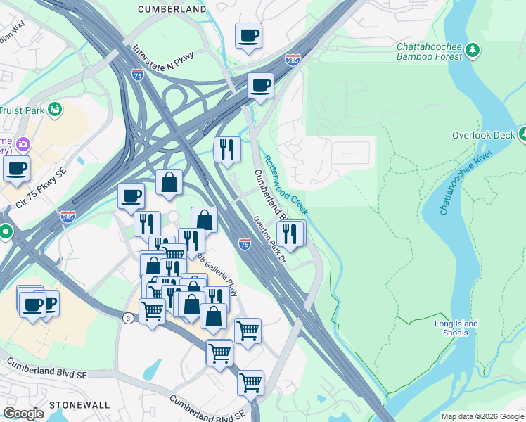 map of restaurants, bars, coffee shops, grocery stores, and more near 2695 Cumberland Parkway Southeast in Atlanta