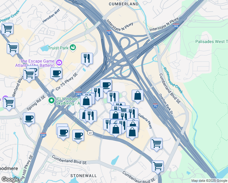 map of restaurants, bars, coffee shops, grocery stores, and more near 300 Galleria Parkway in Atlanta