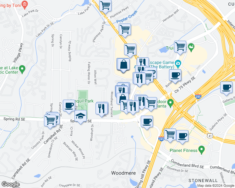map of restaurants, bars, coffee shops, grocery stores, and more near 2731 Woodland Terrace in Smyrna