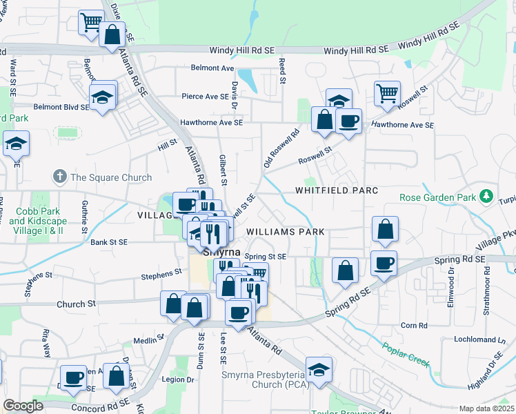 map of restaurants, bars, coffee shops, grocery stores, and more near 1429 Walker Court in Smyrna