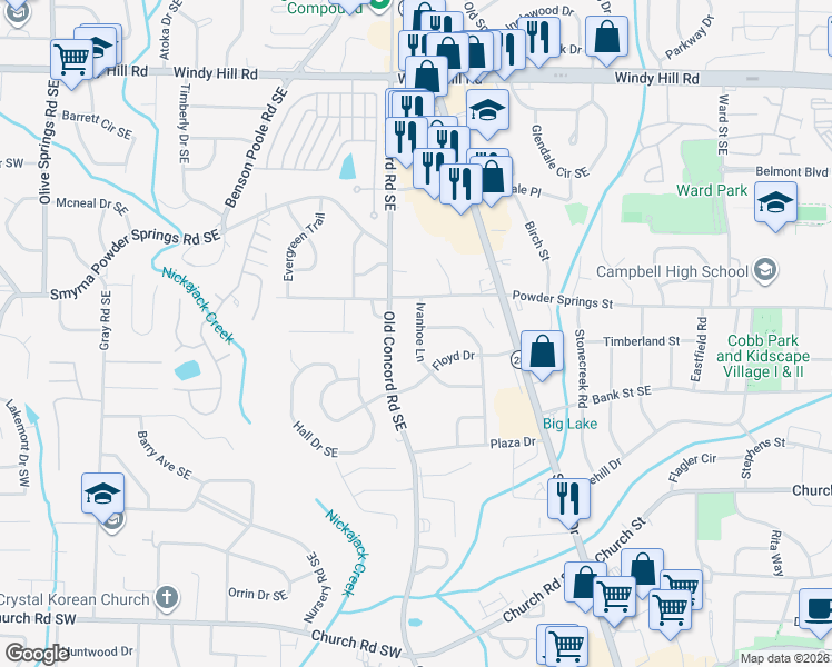 map of restaurants, bars, coffee shops, grocery stores, and more near 2711 Sherwood Road Southeast in Smyrna