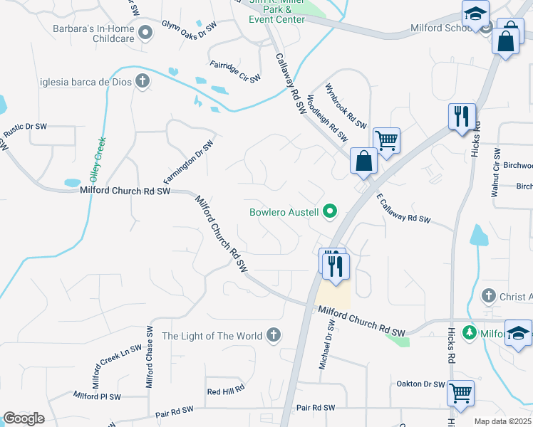 map of restaurants, bars, coffee shops, grocery stores, and more near 1224 Everwood Drive Southwest in Marietta