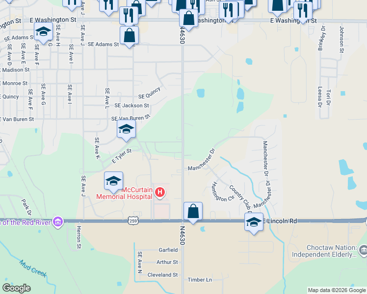 map of restaurants, bars, coffee shops, grocery stores, and more near 1254 Lynn Lane in Idabel