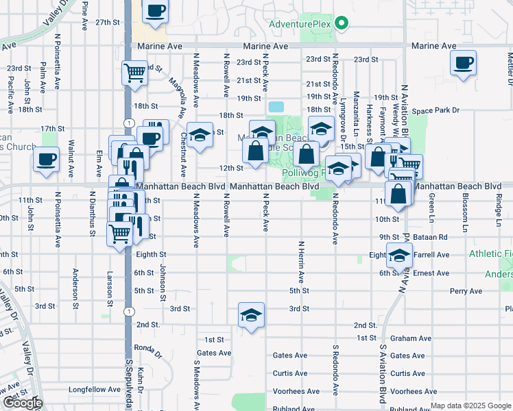 map of restaurants, bars, coffee shops, grocery stores, and more near 1498 11th Street in Manhattan Beach