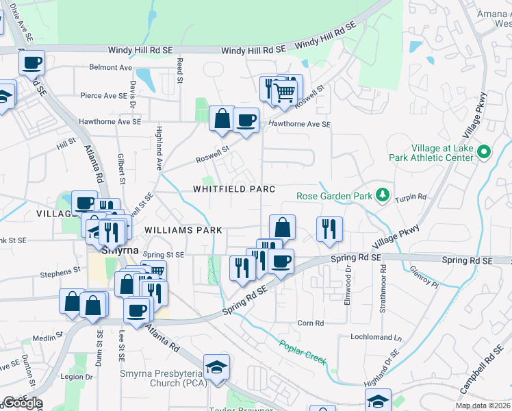 map of restaurants, bars, coffee shops, grocery stores, and more near 2721 Mathews Street in Smyrna