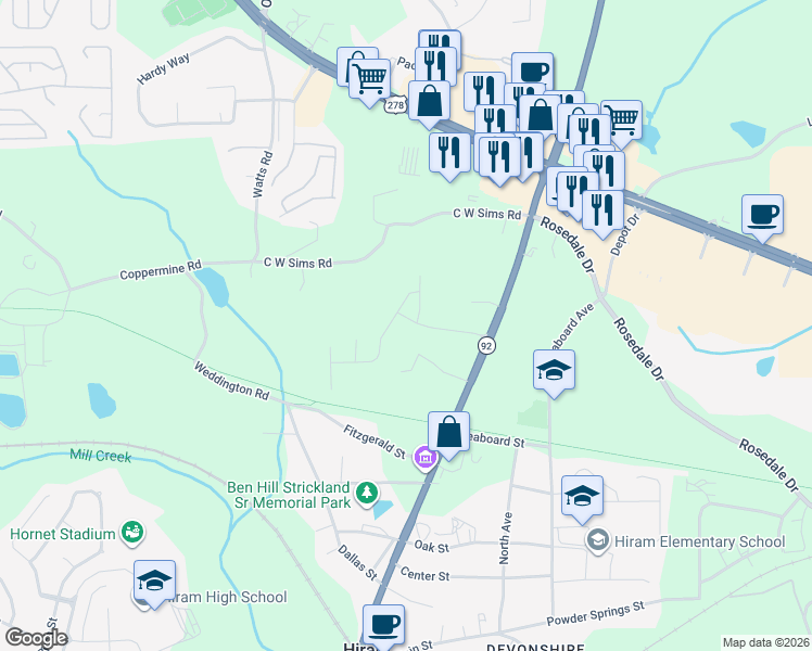 map of restaurants, bars, coffee shops, grocery stores, and more near 189 Hiram Park Drive in Hiram