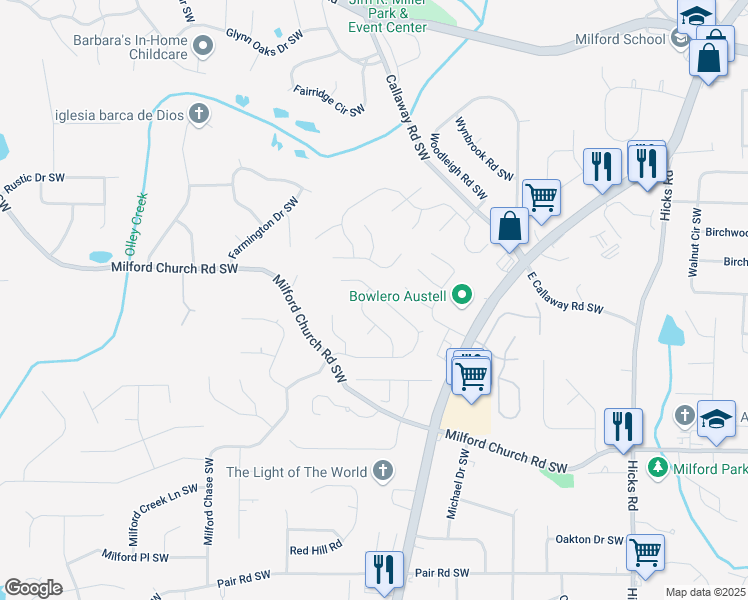 map of restaurants, bars, coffee shops, grocery stores, and more near 1224 Everwood Drive Southwest in Marietta