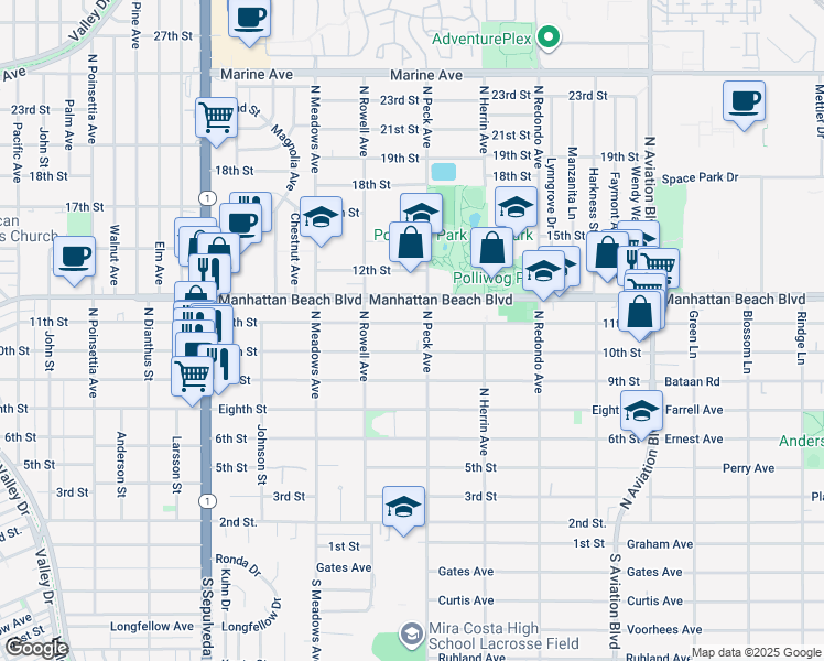 map of restaurants, bars, coffee shops, grocery stores, and more near 1450 11th Street in Manhattan Beach
