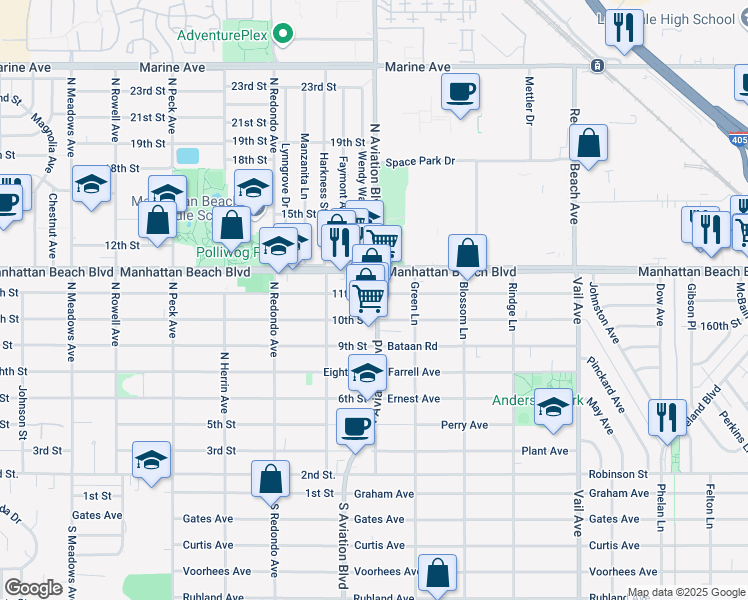 map of restaurants, bars, coffee shops, grocery stores, and more near 1061 North Aviation Boulevard in Redondo Beach