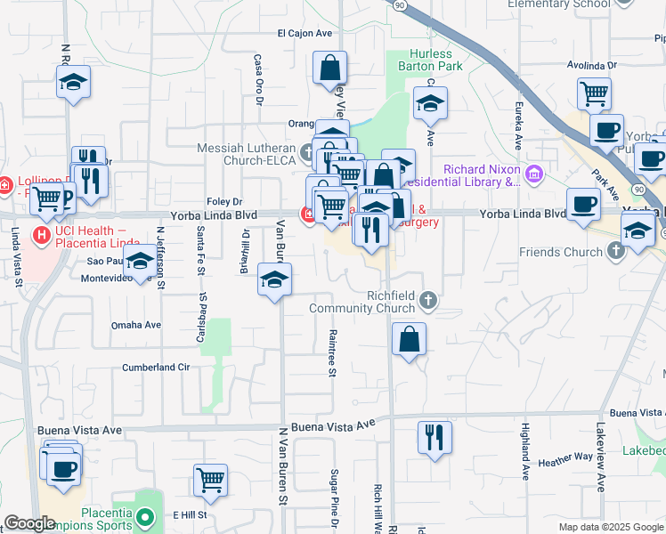 map of restaurants, bars, coffee shops, grocery stores, and more near 17517 Cerro Vista Drive in Yorba Linda