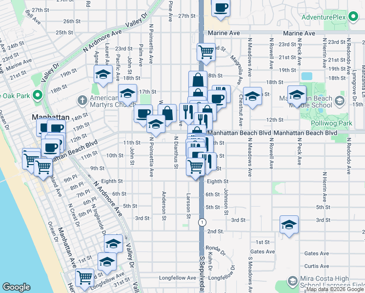 map of restaurants, bars, coffee shops, grocery stores, and more near 1012 11th Street in Manhattan Beach