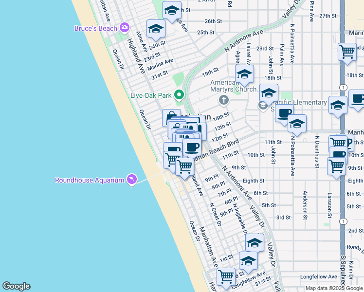 map of restaurants, bars, coffee shops, grocery stores, and more near 316 13th Street in Manhattan Beach