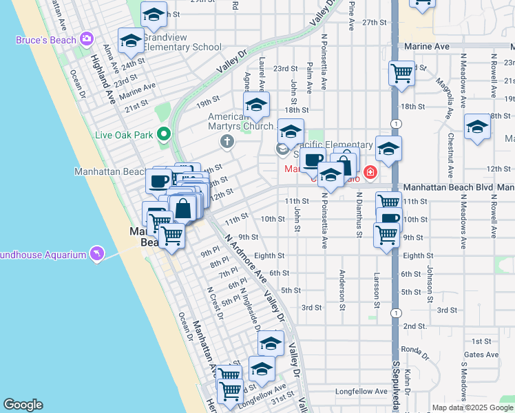 map of restaurants, bars, coffee shops, grocery stores, and more near 719 11th Street in Manhattan Beach