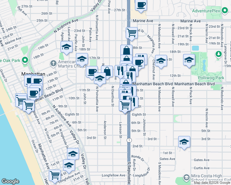 map of restaurants, bars, coffee shops, grocery stores, and more near 1002 11th Street in Manhattan Beach