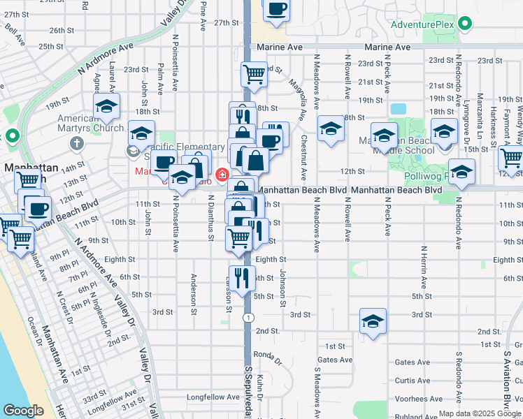 map of restaurants, bars, coffee shops, grocery stores, and more near 1126 11th Street in Manhattan Beach