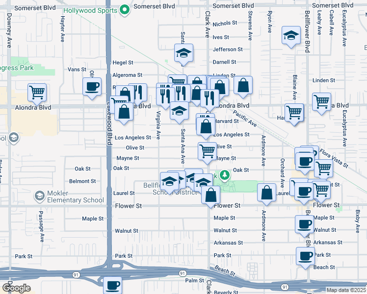 map of restaurants, bars, coffee shops, grocery stores, and more near Olive Street in Bellflower