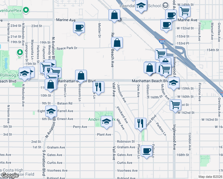 map of restaurants, bars, coffee shops, grocery stores, and more near 2221a Warfield Avenue in Redondo Beach