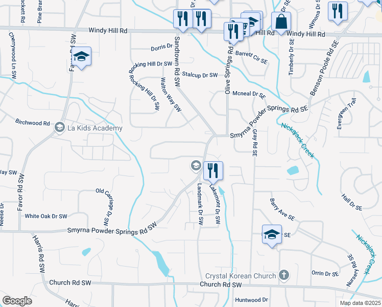 map of restaurants, bars, coffee shops, grocery stores, and more near 146 Timber Creek Lane Southwest in Marietta