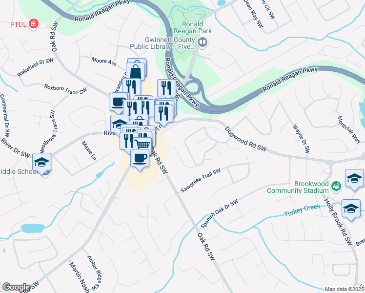 map of restaurants, bars, coffee shops, grocery stores, and more near 2955 Dominion Walk Lane in Snellville