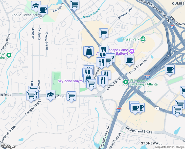 map of restaurants, bars, coffee shops, grocery stores, and more near 2730 Cumberland Boulevard Southeast in Smyrna
