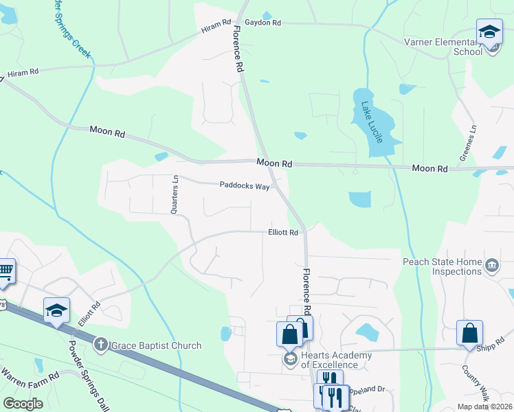 map of restaurants, bars, coffee shops, grocery stores, and more near 2839 Spring Green Way in Powder Springs