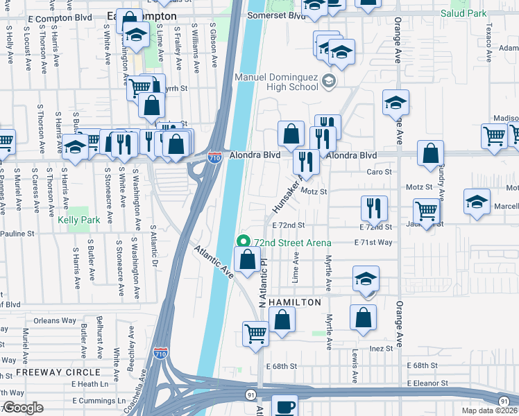 map of restaurants, bars, coffee shops, grocery stores, and more near 6313 Rancho Parada Road in Paramount