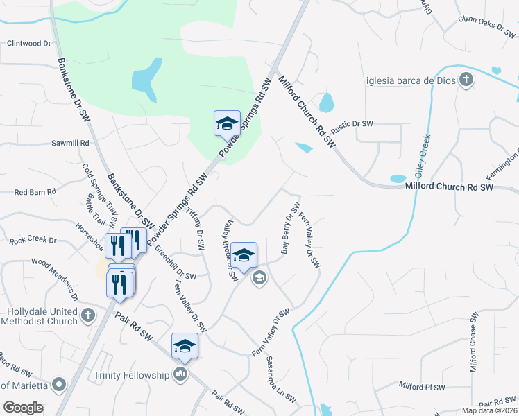 map of restaurants, bars, coffee shops, grocery stores, and more near 1936 Devore Drive Southwest in Marietta