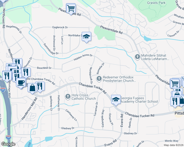 map of restaurants, bars, coffee shops, grocery stores, and more near 3738 Wintercrest Court in Doraville
