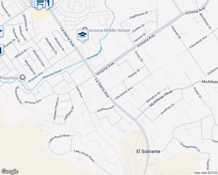 map of restaurants, bars, coffee shops, grocery stores, and more near 11081 Kayjay Street in Riverside