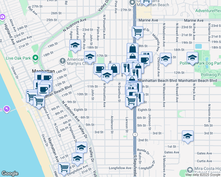 map of restaurants, bars, coffee shops, grocery stores, and more near 922 11th Street in Manhattan Beach