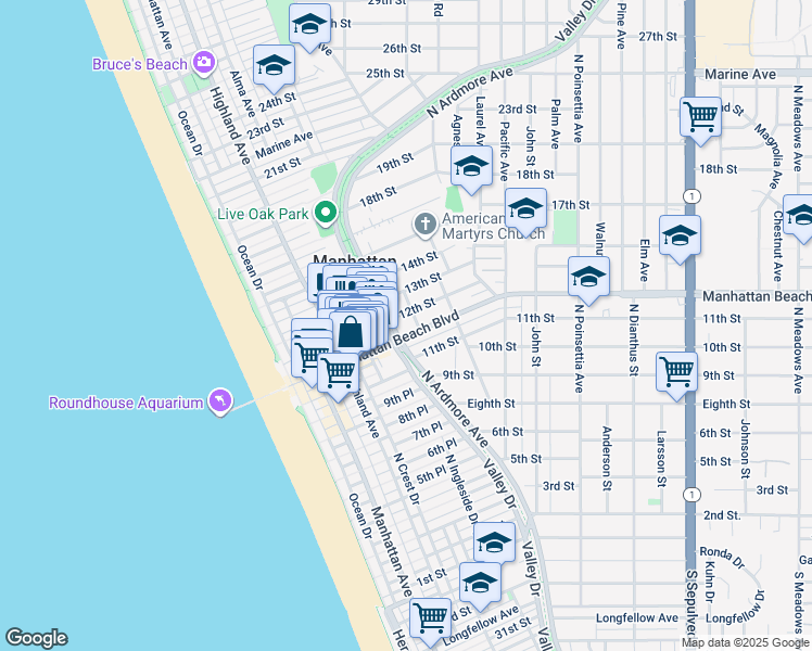 map of restaurants, bars, coffee shops, grocery stores, and more near 521 Manhattan Beach Boulevard in Manhattan Beach