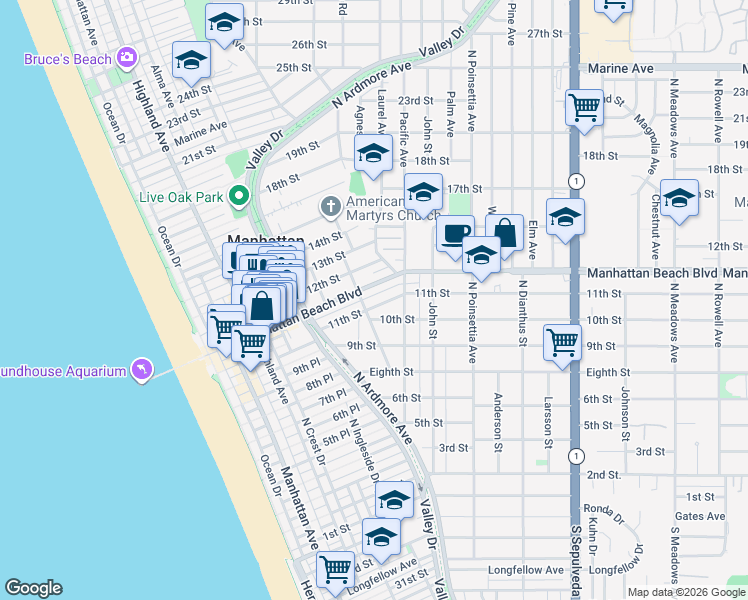 map of restaurants, bars, coffee shops, grocery stores, and more near 719 11th Street in Manhattan Beach