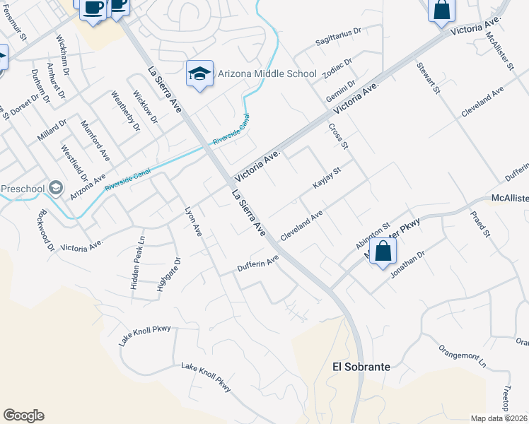 map of restaurants, bars, coffee shops, grocery stores, and more near 11081 Kayjay Street in Riverside