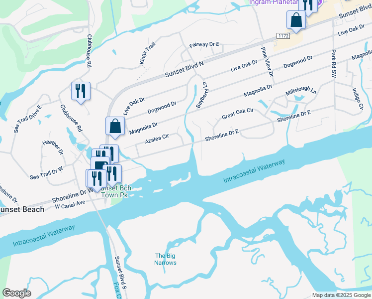 map of restaurants, bars, coffee shops, grocery stores, and more near 250 Shoreline Drive East in Sunset Beach